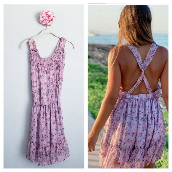 Zara Dresses & Skirts - Zara Lilac Floral Smoked Criss Cross Back Mini Dress